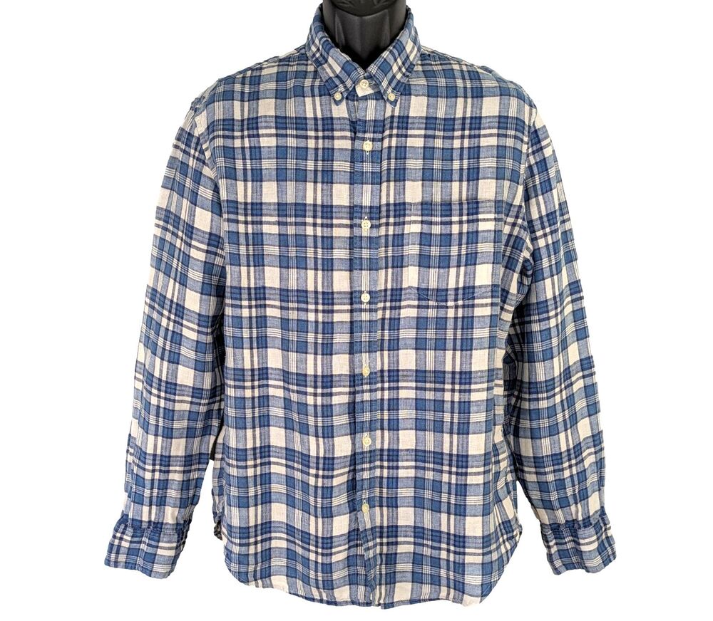 J. Crew Slim Men's LG 100% Linen Blue Plaid Button Down Shirt